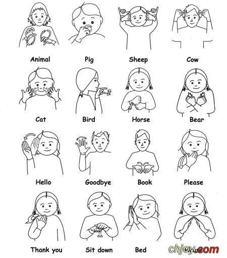 Some important words in English in sign language 